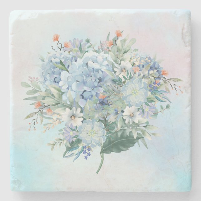 Blue Hydrangea Watercolor Square Coaster (Front)