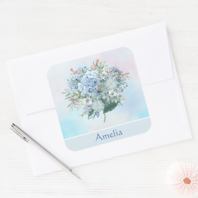 Blue Hydrangea Watercolor Square Sticker (Envelope)