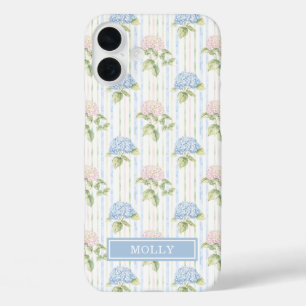 Blue Hydrangea Watercolor Striped Personalised  iPhone 16 Plus Case