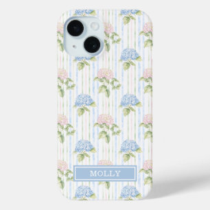 Blue Hydrangea Watercolor Striped Personalised iPhone 15 Case