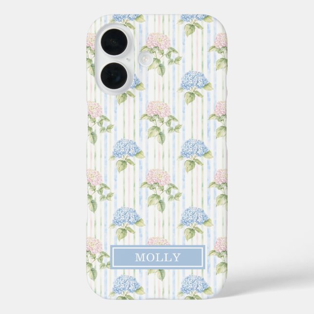 Blue Hydrangea Watercolor Striped Personalised Case-Mate iPhone Case (Back)