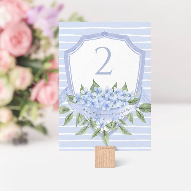 Blue Hydrangea Watercolor Wedding Crest  Table Number (Creator Uploaded)
