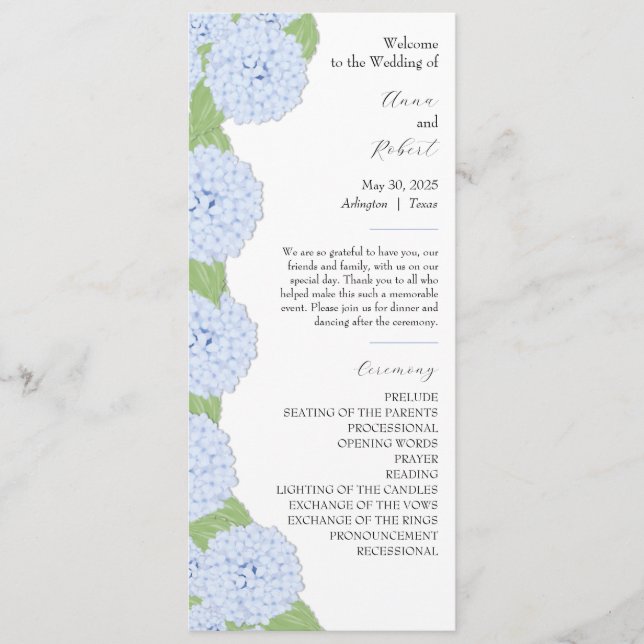 Blue Hydrangea Watercolor Wedding Program Programme (Front)