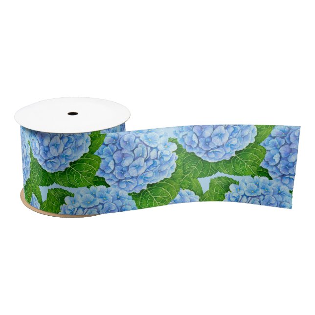 Blue hydrangea waterolor pattern satin ribbon (Spool)