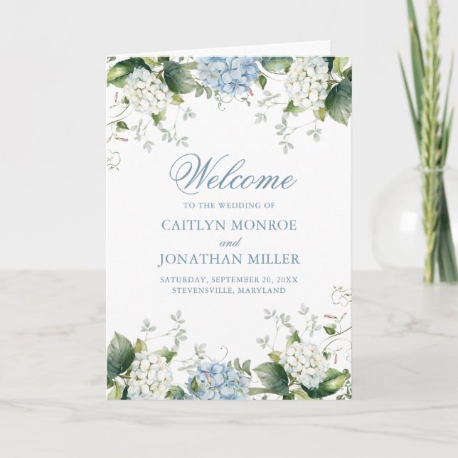 Blue Hydrangea Wedding Ceremony Folded Program Programme (Front)