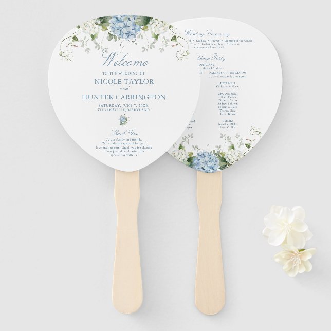 Blue Hydrangea Wedding Ceremony Program Hand Fan (Front and Back)