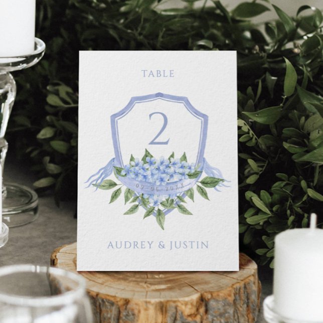 Blue Hydrangea Wedding Crest Table Card (Creator Uploaded)