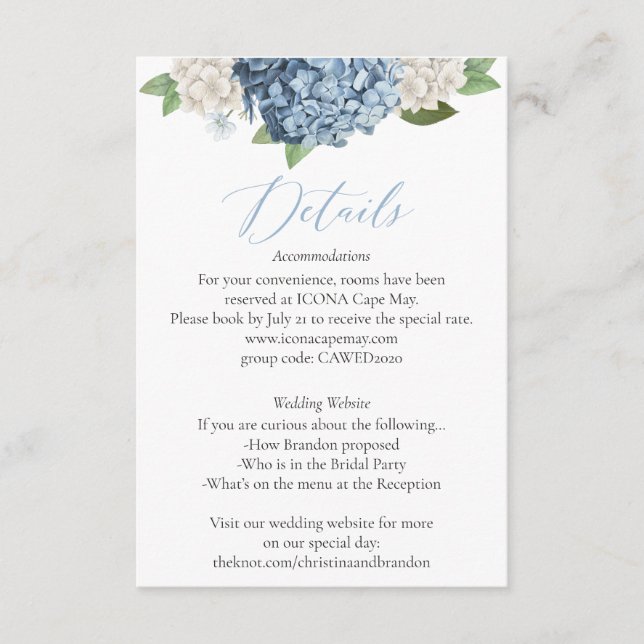 Blue Hydrangea Wedding Details Enclosure Card (Front)