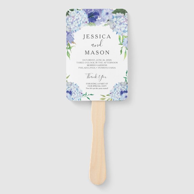 Blue Hydrangea Wedding Fan Program (Front)
