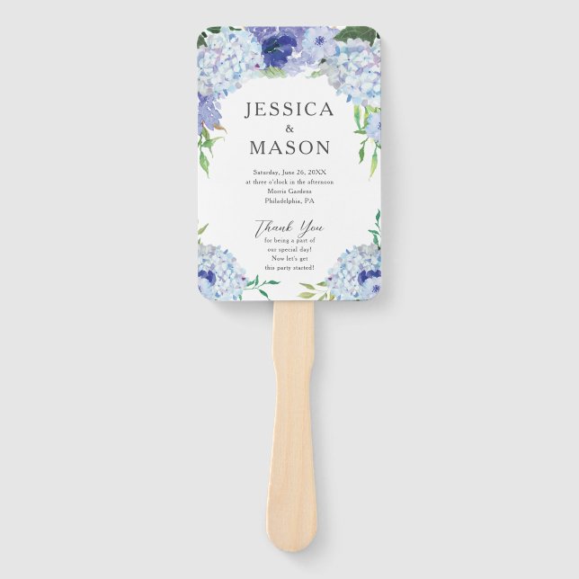 Blue Hydrangea Wedding Fan Program (Front)