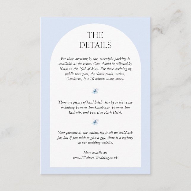 Blue Hydrangea Wedding Invite Details Card (Front)