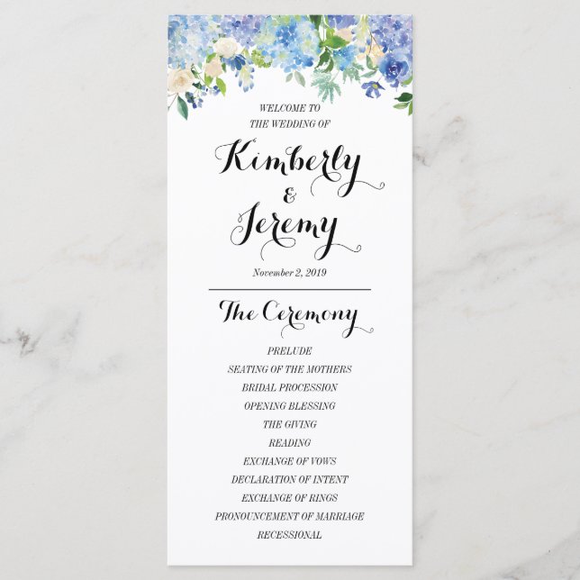 Blue Hydrangea Wedding Program Cards (Front)