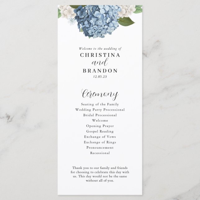 Blue Hydrangea Wedding Program Menu (Front)