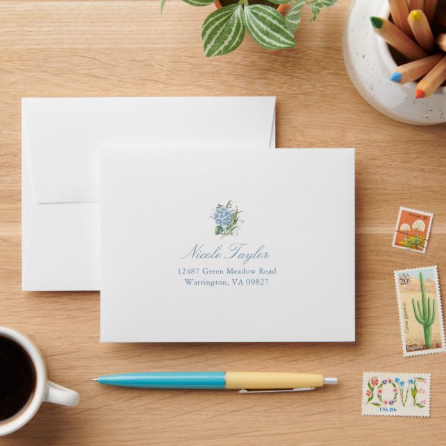 Blue Hydrangea Wedding Reply Envelope  (Desk)