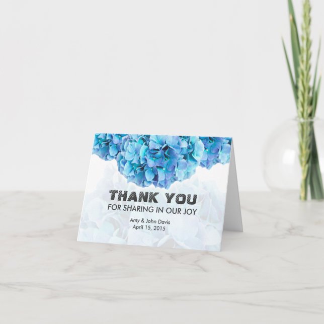 Blue hydrangea wedding thank you card (Front)