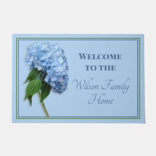 Blue Hydrangea Welcome Family Name Doormat