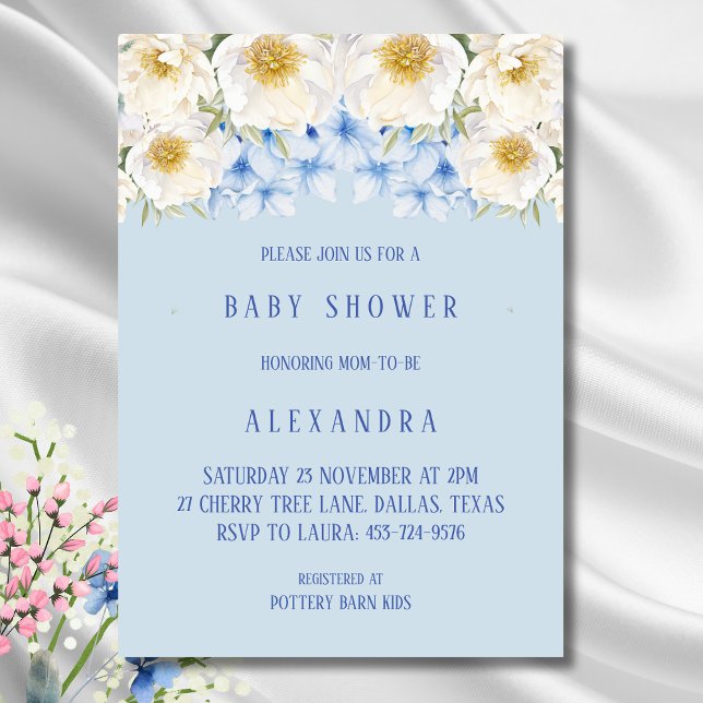 Blue Hydrangea White Floral Garden Baby Shower Invitation (Creator Uploaded)