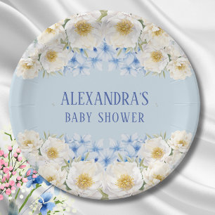Blue Hydrangea White Floral Garden Baby Shower Paper Plate