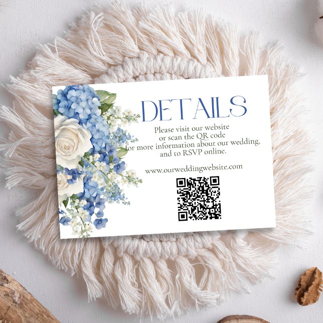 Blue Hydrangea White Floral Wedding QR Code Site Enclosure Card (Creator Uploaded)