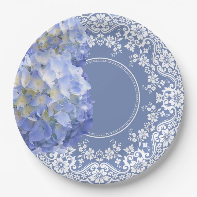 Blue Hydrangea White Lace Party Wedding Reception Paper Plate (Front)