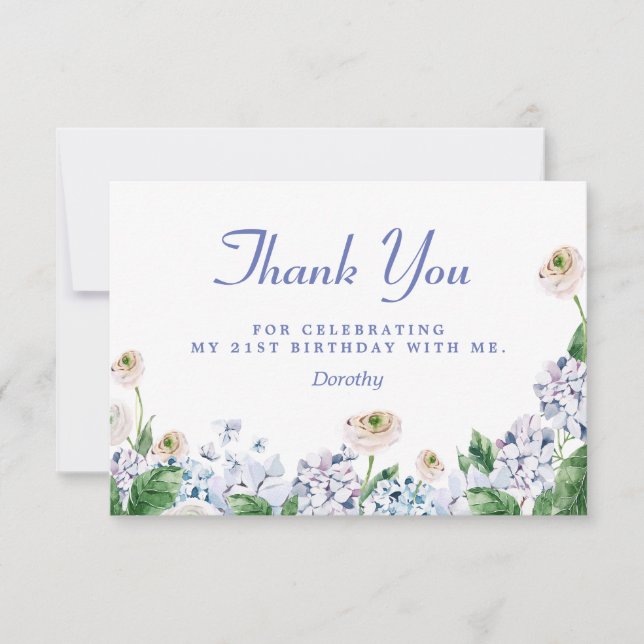 Blue Hydrangea White Rose 21st Birthday Thank You Card (Front)