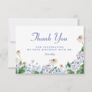 Blue Hydrangea White Rose 80th Birthday Thank You Card
