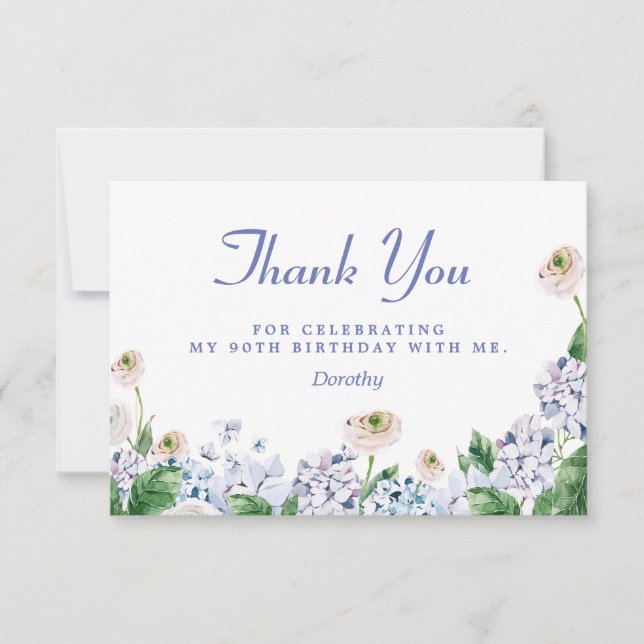 Blue Hydrangea White Rose 90th Birthday Thank You Card (Front)