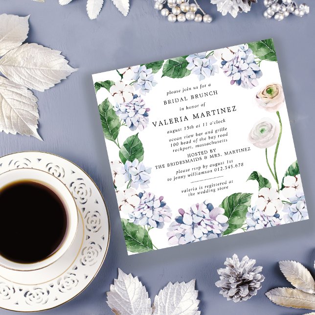 Blue Hydrangea White Rose Bridal Brunch Square Invitation (Creator Uploaded)