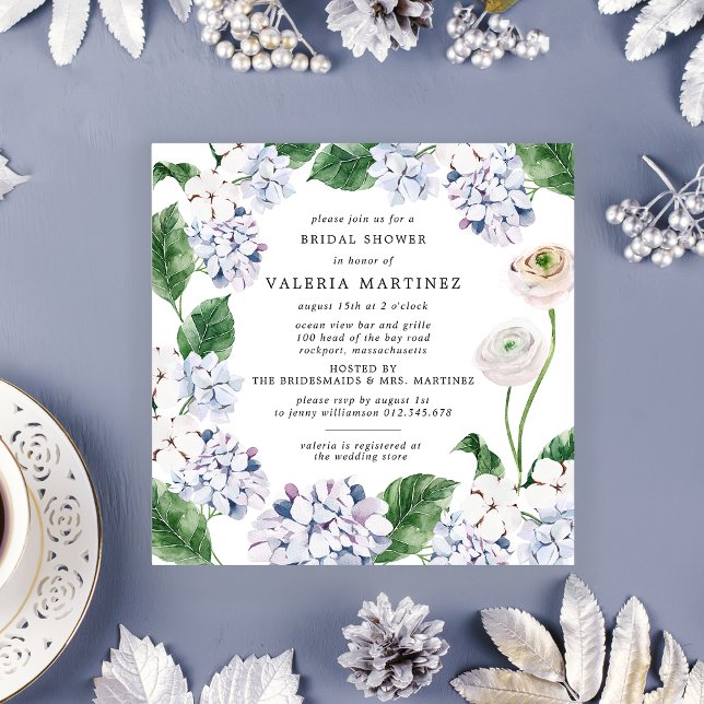 Blue Hydrangea White Rose Bridal Shower Square Invitation (Creator Uploaded)
