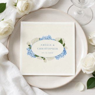 Blue Hydrangea White Rose Classic Wedding Napkin