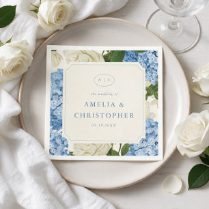 Blue Hydrangea White Rose Classic Wedding Napkin