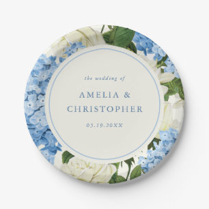 Blue Hydrangea White Rose Classic Wedding Paper Plate