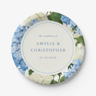 Blue Hydrangea White Rose Classic Wedding Paper Plate