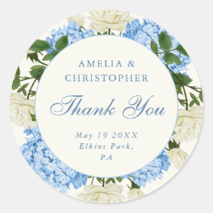 Blue Hydrangea White Rose Wedding Thank You Classic Round Sticker