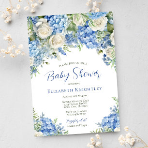 Blue Hydrangea White Roses Boy Baby Shower Invitation