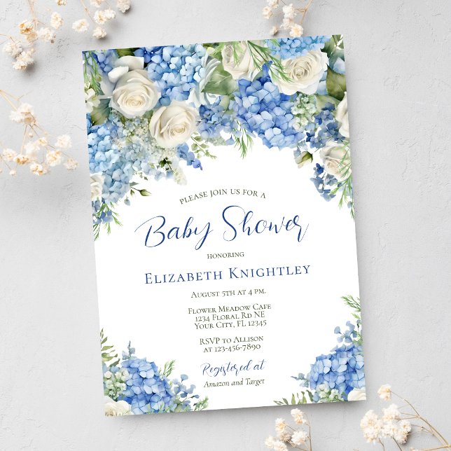 Blue Hydrangea White Roses Boy Baby Shower Invitation (Creator Uploaded)
