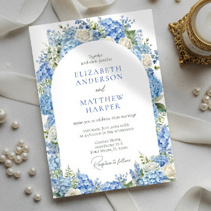Blue Hydrangea White Roses Floral Arch Wedding Invitation