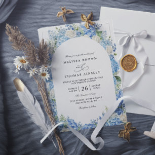 Blue Hydrangea White Roses Floral QR Code Wedding Invitation