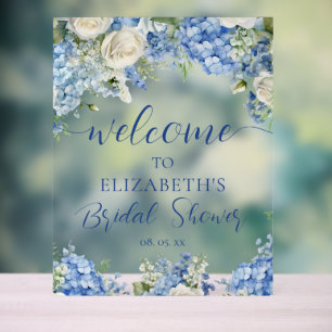 Blue Hydrangea White Roses Floral Script Welcome Acrylic Sign