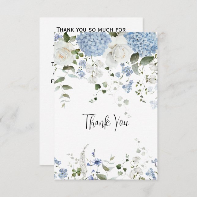 Blue Hydrangea White Roses Wedding Thank You (Front/Back)