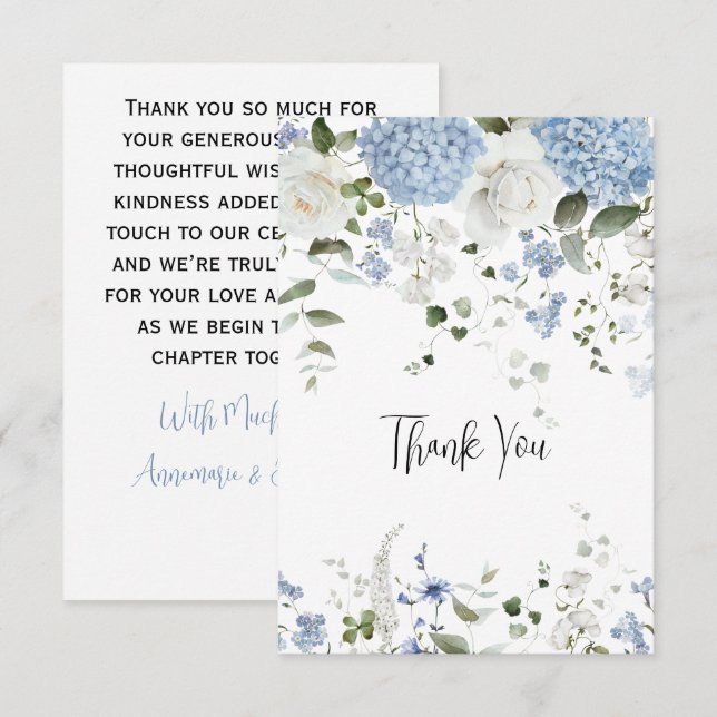 Blue Hydrangea White Roses Wedding Thank You Card (Front/Back)