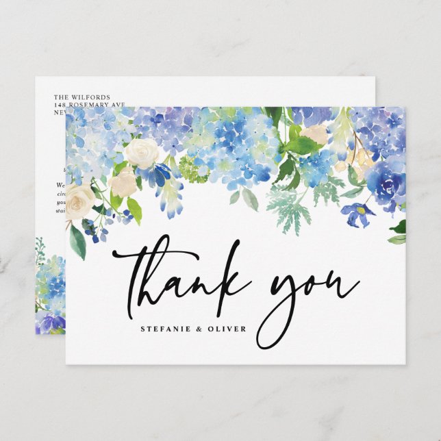 Blue Hydrangea Winter Floral Wedding Thank You Postcard (Front/Back)