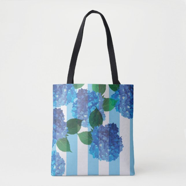 Blue Hydrangea with Stripes Tote (Front)