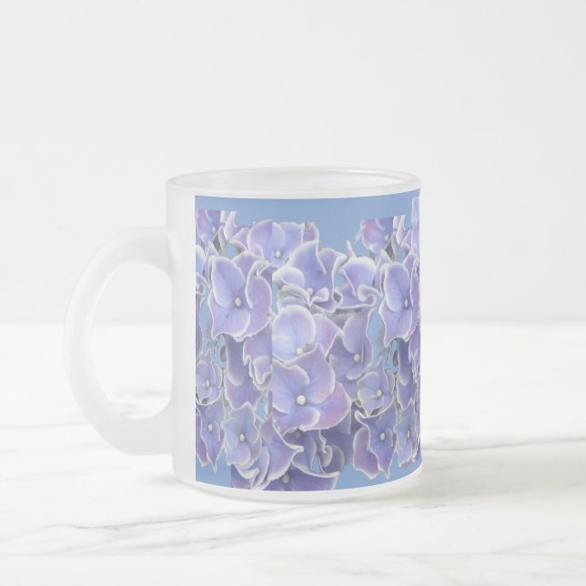 Blue Hydrangea with White Border Pattern Tea Glass Frosted Glass Coffee Mug (Left)