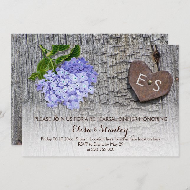 Blue hydrangea wood heart rehearsal dinner wedding invitation (Front/Back)