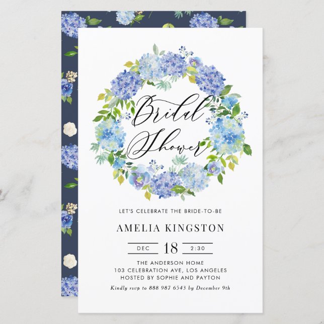 Blue Hydrangea Wreath Bridal Shower Invitation (Front/Back)