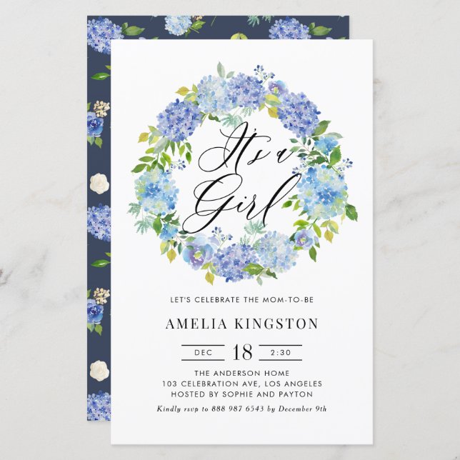 Blue Hydrangea Wreath It's a Girl Invitation (Front/Back)