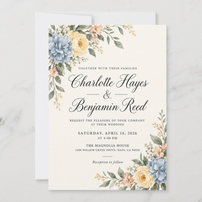 Blue Hydrangea Yellow Rose Wedding Invitation (Front)