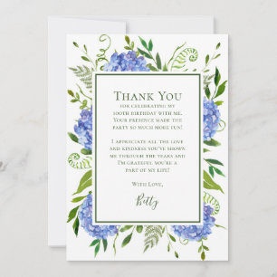 Blue Hydrangeas 100th Birthday  Thank You Card