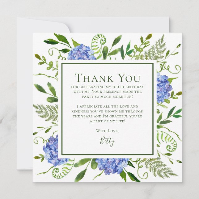 Blue Hydrangeas 100th Birthday  Thank You Card (Front)